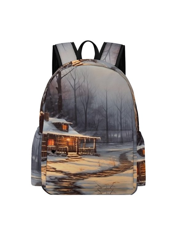 Backpack Oxford Fabric Snowy Cabin Forest Path Winter Night Laptop Bag Back To School Campus Lightweight Durable Water Resistant Large Capacity 16.5 Inch