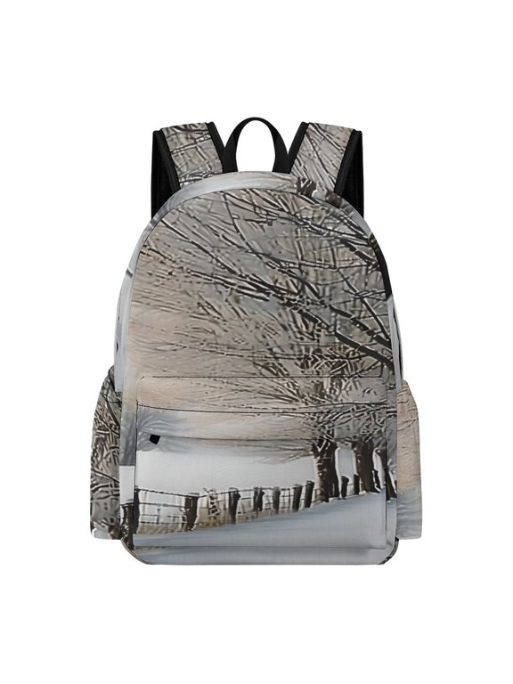 Backpack Oxford Fabric Winter Snow Trees Fence Road Laptop Bag Back To School Campus Lightweight Durable Water Resistant Large Capacity 16.5 Inch
