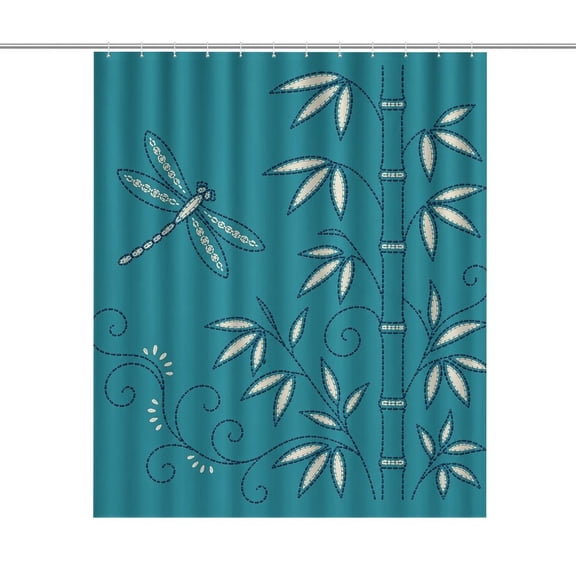 PRATYUS Bamboo Dragonfly Embroidery Shower Curtain,Waterproof Fabric Bath Curtains for Bathroom Decor,Washable Bathroom Shower Curtain Set with Hooks,