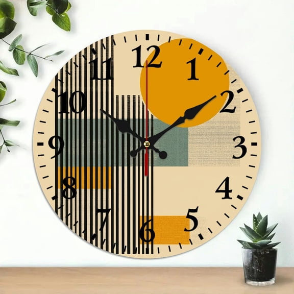 PRATYUS Barcode Pattern Geometric Abstract Art Round Wooden Wall Clock Decorative Living Room Wall Hanging Decor 10 Inch Frameless Quartz Clock Silent Bedroom Kitchen Office Decor Gift 10x10in