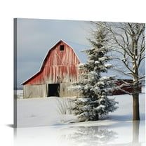 PRATYUS Barn Wall Art Rustic Farmhouse Red Old Barn Landscape Picture Wall Decor ,Snowy Wilderness Christmas Tree Country Scene Canvas Painting Framed Artwork for Home Living Room