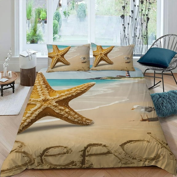 PRATYUS Beach 3-Piece Bedding Set (Single-sided Print) Comfortable and Breathable Peach Skin Velvet Bedroom Guest Room 87x68in