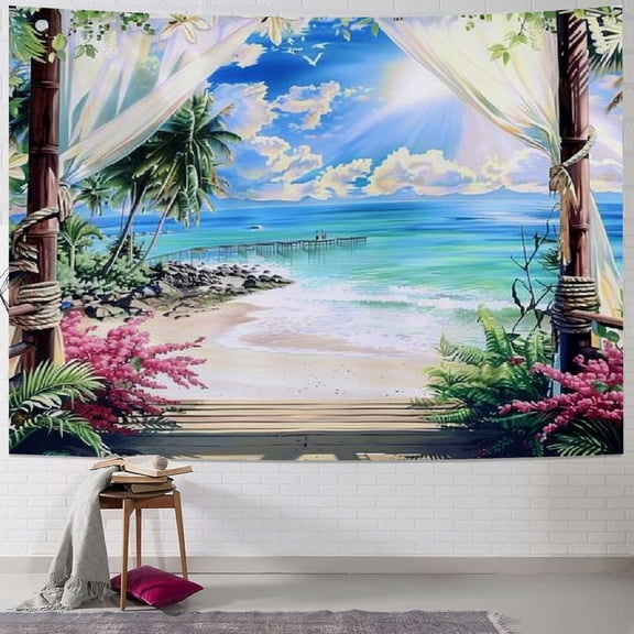 PRATYUS  Beach Decor Tapestry, Ocean Sea Tropical Island Palm Tree Scenic View From Balcony Summer Tropical Scenery Wall Hanging Nature Tapestry For Bedroom Living Room Dorm 40x30inch