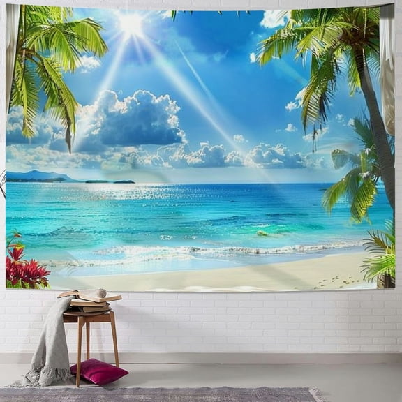 PRATYUS Beach Landscape Tapestry, Tropic Ocean Sea Island Palm Tree Seaside Tapestries for Living Room Summer Window Wall Hanging Painting
