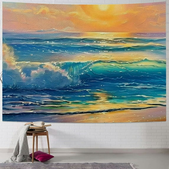 PRATYUS Beach Ocean Tapestry Sunset Sunrise Oil Painting Wall Art Hanging Decor Seaside Coastal Summer Nature Hawaiian Sea Waves Bedroom Living Room Dorm Wall Home Decor Painting