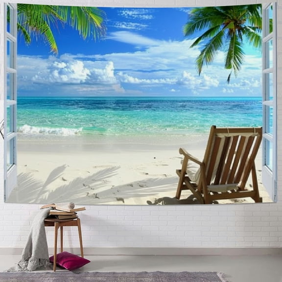 PRATYUS Beach Tapestry Palm Trees In Ocean Heaven Sunbeds Balcony White Wooden Windows Summer Tropical, Wall Hanging For Bedroom Living Room Dorm  Painting