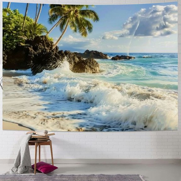 PRATYUS Beach Tapestry Sandy Beach Shore Waves Palm Trees Rocks Island Tapestry Wall Hanging Tropical Hawaii Wall Art Decor for Living Room Bedroom Dorm Home Decorations Painting