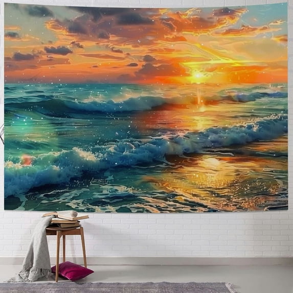 PRATYUS Beach Tapestry Wall Hanging, Ocean Sunset Sea Beach Wave Landscape Scenery Nature Wall Decorations Bohemian Home Decor for Bedroom, Dorm, College, Living Room, Painting