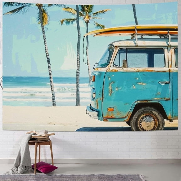 PRATYUS Beach Tapestry Wall Hanging Vintage Car Tapestry Large Coconut Tree Wall Tapestry Surf Tapestry Wall Art Poster for Bedroom Living Room Dorm Home Decor 60x50inch