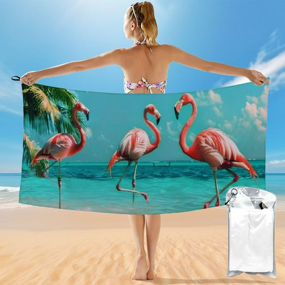 PRATYUS Beach Towel Vintage Pink Flamingos Towel Flamingo Standing in clear Blue Sea with Sunny Sky, Cloud and Green Coconut Tree Leaves , Cool Beach Towel for Women Men Kids 55x27.5in