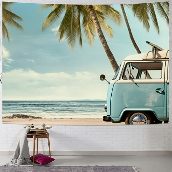 PRATYUS Beach Vibes Tapestry Wall Art Hanging, Ocean Drive Vintage Car Hawaii Beach Scenery Wall Decor Tapestries, Palm Tree Seaside Cute Room Decor for Bedroom Home Office Living Room 60x50inch