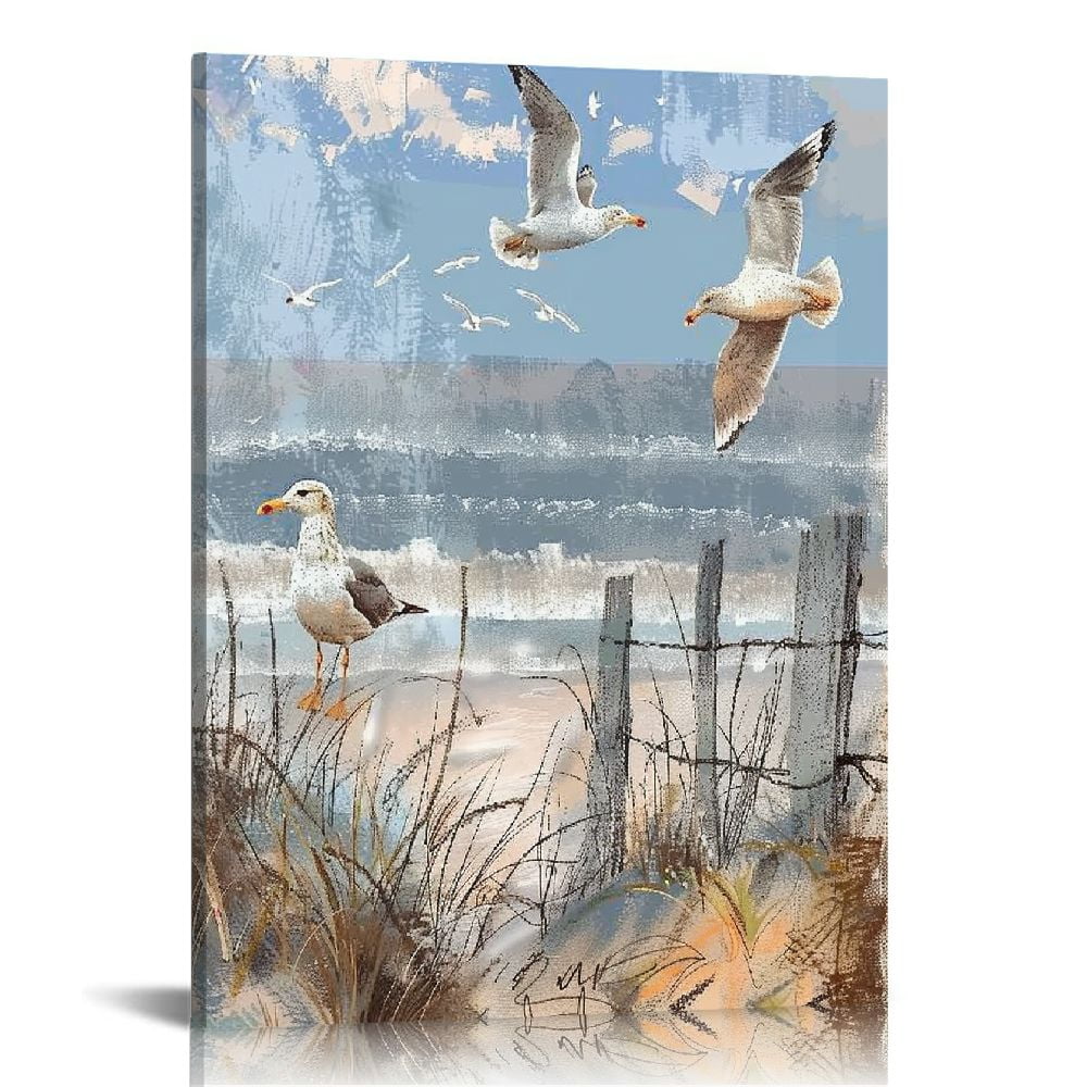 Seaside Seagull Coastal Canvas Wall Art with Wooden Frame