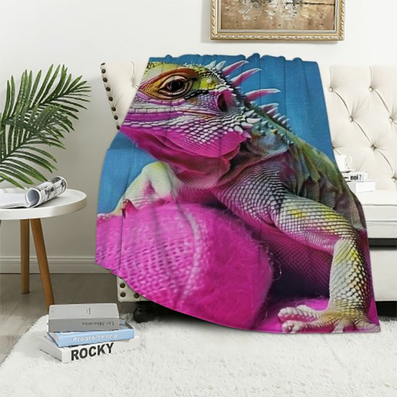PRATYUS Bearded Dragon Throw Blanket, Photo of Unicorn Fluffy Befriending Exotic Wild Lizard Reptilian Print, Flannel Accent Piece Soft Couch Cover for Adults 60x80in