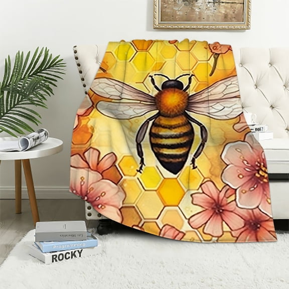 PRATYUS Bee Flowers Honeycomb Throw Blankets for Sofa Couch Cozy Flannel Travel Outdoor Blanket All Seasons Gifts 50x60in