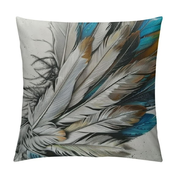 PRATYUS   Bird Feather Throw Pillow Cover Teal Brown Turquoise Feather Decorative Pillow Case Home Decor Square Pillowcase White