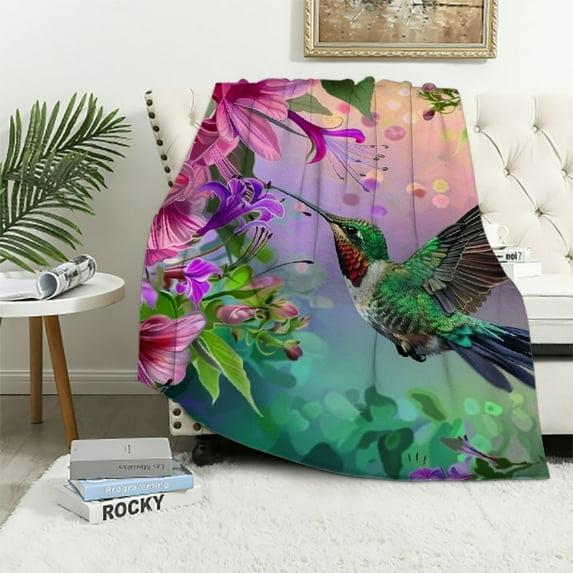 PRATYUS Bird and Floral Blankets Hummingbird with Pink Flowers Leaves Throw Blankets Cozy Flannel Super Soft Lightweight Fluffy Sofa Office Blanket for Girls Women 60x80in
