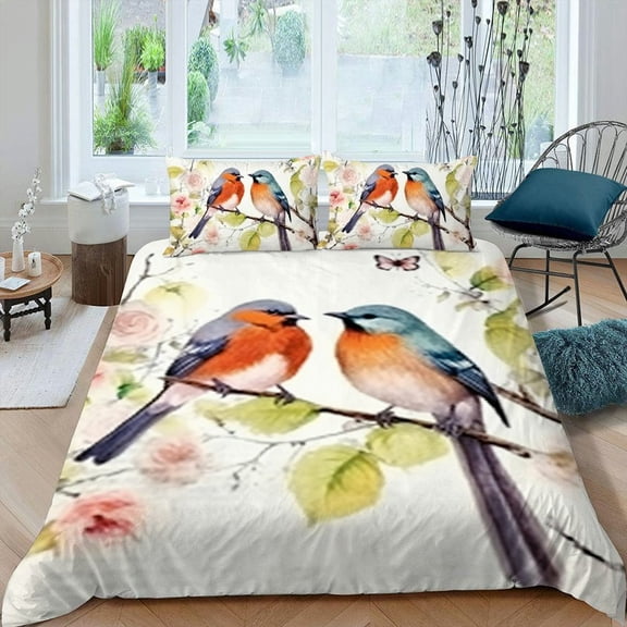PRATYUS Birds Branches Flowers 3-Piece Bedding Set Lightweight Soft Peach Skin Velvet Bedroom Guest Room 87x68in