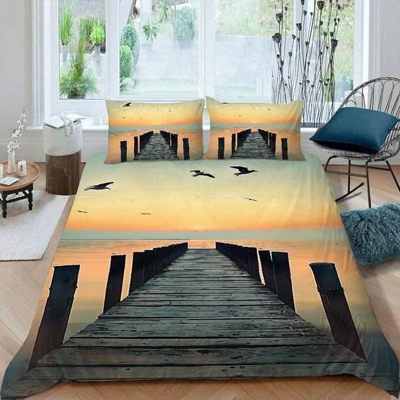 PRATYUS Birds Sunset Pier 3-Piece Bedding Set with Comfortable and Breathable Peach Skin Velvet Fabric for Bedroom and Guest Room 87x68in