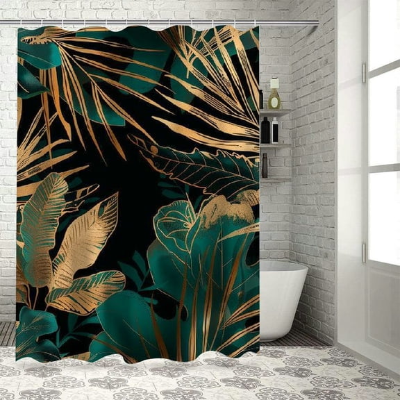 PRATYUS Black and Gold Shower Curtain Tropical Shower Curtain Abstract Emerald Green Palm Leaves Hawaiian Monstera Bathroom Curtain Modern Botanical Brown Plant Bathroom Decor Fabric Hooks 36x72