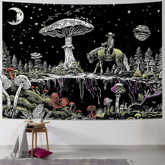 PRATYUS Black White Mushroom Tapestry Moon Mountain Forest Wall Tapestry Galaxy Star Butterfly Tapestry for Bedroom Aesthetic Wall Hanging for Living Room College Dorm Decor, Multi Size Painting