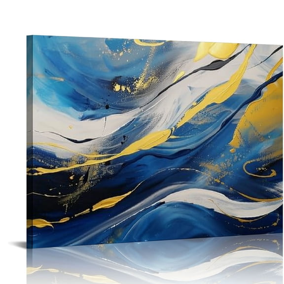 PRATYUS Blue Abstract Wall Art,Navy Blue Wall Art,Blue And Gold Wall Art,Large Framed Canvas Wall Art for Living Room,Bedroom,Office,Hallway Wall Decor (Navy Blue Wall Art) 16x12in