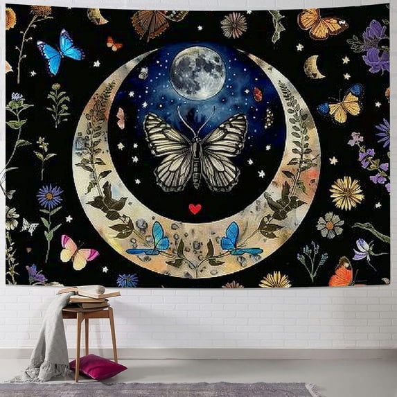 PRATYUS Blue Butterfly Moon Phase Tapestry, Colorful Plant Flower Garden Tapestries Aesthetic Floral Botanical Star Wall Decor for Home Bedroom Multi Size Painting