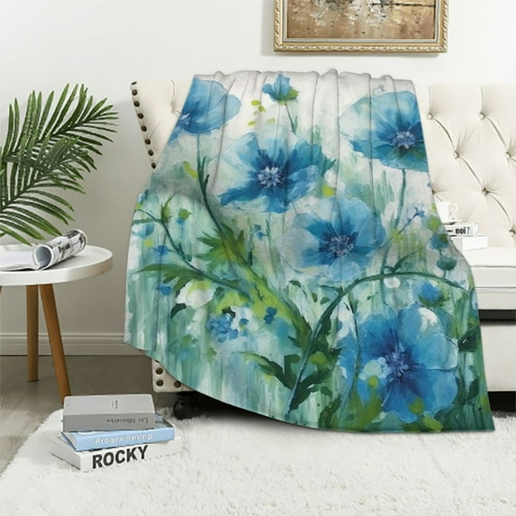 PRATYUS Blue Flowers Cozy Throw Blanket for Bedroom Living Rooms Sofa Couch All Seasons Soft Plush Blankets 50x60in