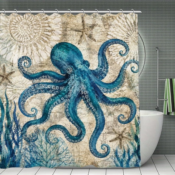 PRATYUS Blue Octopus Nautical Chart Shower Curtain,Waterproof Fabric Bath Curtains for Bathroom Decor,Washable Bathroom Shower Curtain Set with Hooks,