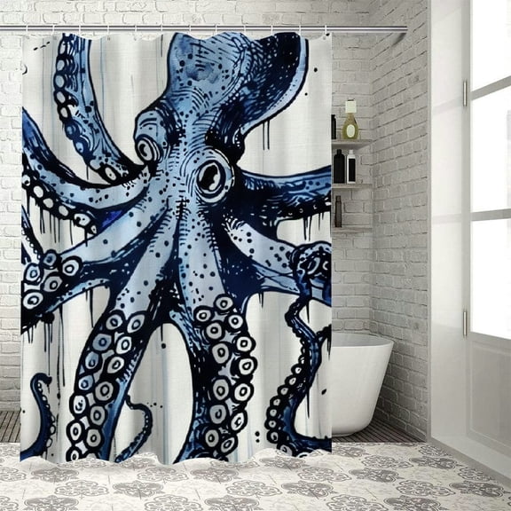 PRATYUS Blue Octopus Shower Curtain Ocean Kraken Sea Animal Octopus Tentacles Marine Life Bubbles Cool Fabric Bathroom Decor Curtain 69x72