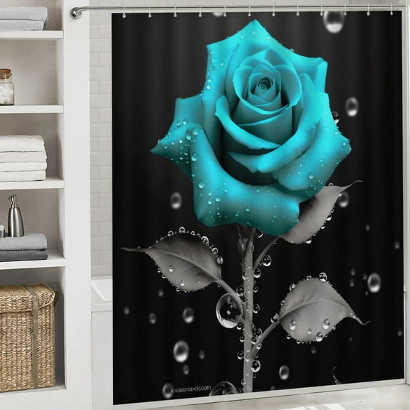 PRATYUS Blue Rose Water Droplets Bathroom Shower Curtain Waterproof Polyester 70.8x70.8 Inches White