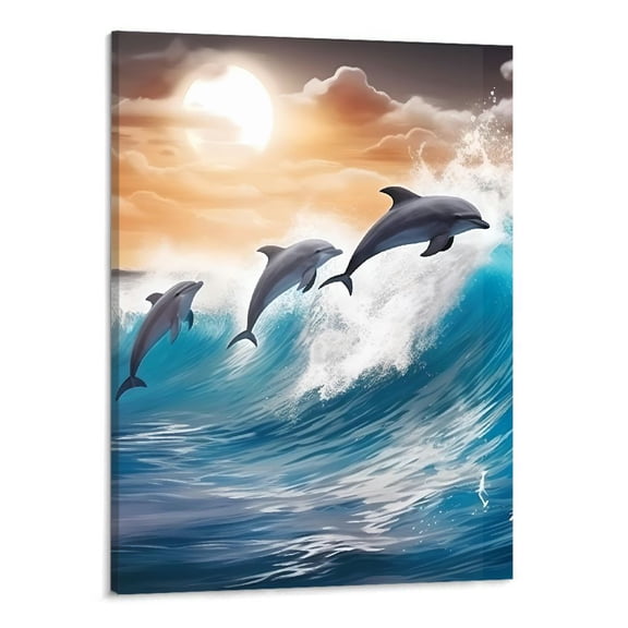 PRATYUS Blue Wave Dolphin Canvas Wall Art Picture 16x20in for Bedroom Living Room Home Decor 16x20in