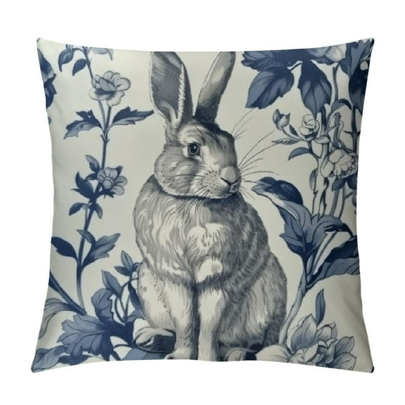 PRATYUS Blue and White Porcelain Pillow Covers Floral Chinoiserie Rabbit Pattern Farmhouse Decorative French Country Style Cushion Pillowcases for Bedroom Living Room Sofa White
