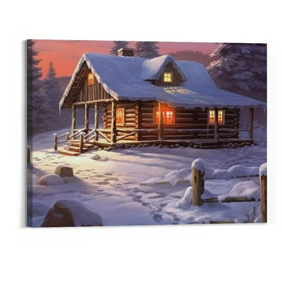 PRATYUS  Blue Winter Rustic Wall Art Home Decor Canvas Printed Oil Painting Cabin Picture Living Dining Room Decorations Fashion Framed (20x16 Inch)