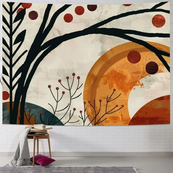 PRATYUS Boho Abstract Mid Century Tapestry Minimalist Arch Sun Leaves Wall Hanging Brown Beige Aesthetic Neutral Geometric Modern Plant Home Decor Art for Living Room Bedroom Dorm 40x60inch