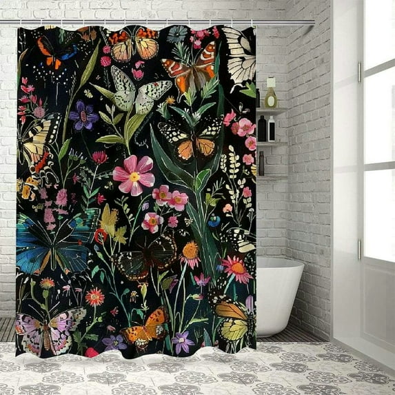 PRATYUS Boho Butterfly Floral Shower Curtain, Bright Abstract Bohemian Plant Flower Botanical Moth Shower Curtain, Black Modern Aesthetic Chic Fabric Shower Curtain Bathroom Accessories Hooks 60x72