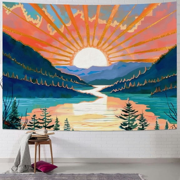 PRATYUS Boho Sun Tapestry Bohemian Mountain Tapestry for Bedroom Aesthetic Sunset Tapestries Forest Tree Tapestry Nature Tapestry Wall Hanging for Living Room Classroom Painting