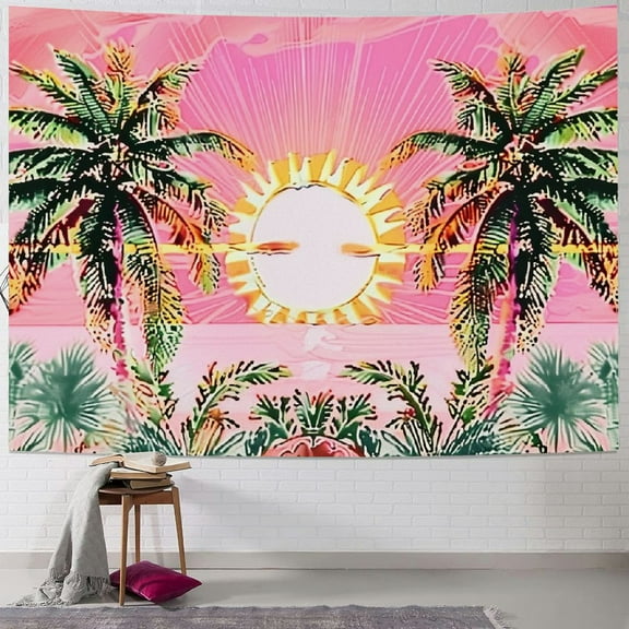 PRATYUS Boho Sun Tapestry Pink Wave Tapestries Retro 70s Rainbow Sunrise Sunset Tapestry Bohemian Mid Century Tapestry Tropical Coconut Palm Tree Wall Hanging for Bedroom 60x50inch