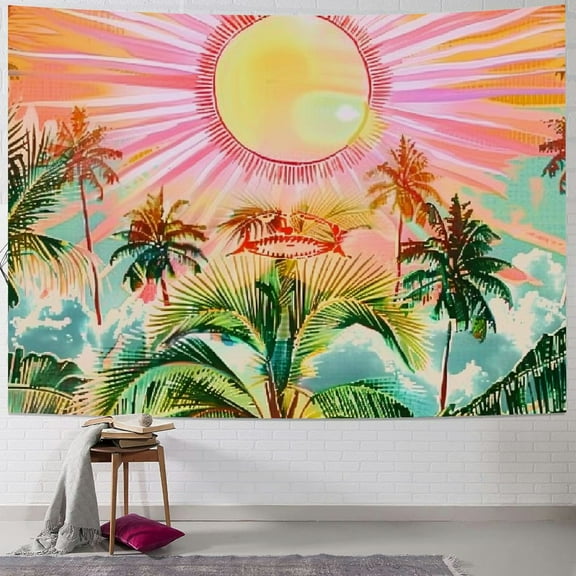 PRATYUS Boho Sun Tapestry Pink Wave Tapestries Retro 70s Rainbow Sunrise Sunset Tapestry Bohemian Mid Century Tapestry Tropical Coconut Palm Tree Wall Hanging for Bedroom 50x40inch