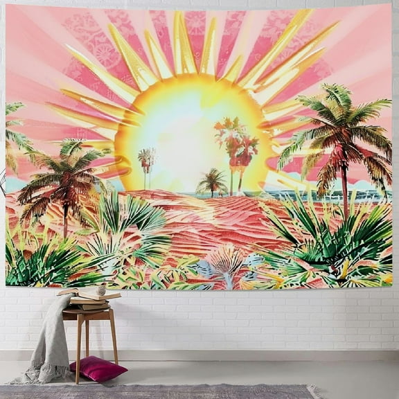 PRATYUS Boho Sun Tapestry Pink Wave Tapestries Retro 70s Rainbow Sunrise Sunset Tapestry Bohemian Mid Century Tapestry Tropical Coconut Palm Tree Wall Hanging for Bedroom 50x40inch