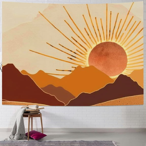 PRATYUS Boho Sun Tapestry Wall Hanging, Abstract Mountains Rivers Plant Leaves Minimalistic Sunset Landscape Wall Tapestries, Sunrise Nature Minimalist Decor for Bedroom Living Room Dorm 60x50inch