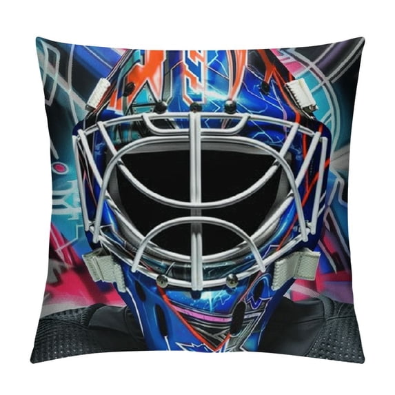 PRATYUS Boys Hockey Pillow Cover ,Retro Blue Abstract Geometric Stripe Reversible Throw Pillow Cover Case,Sport Theme Hockey Helmet Square Cushion Cover Set for Bedroom Living Room 24x24in