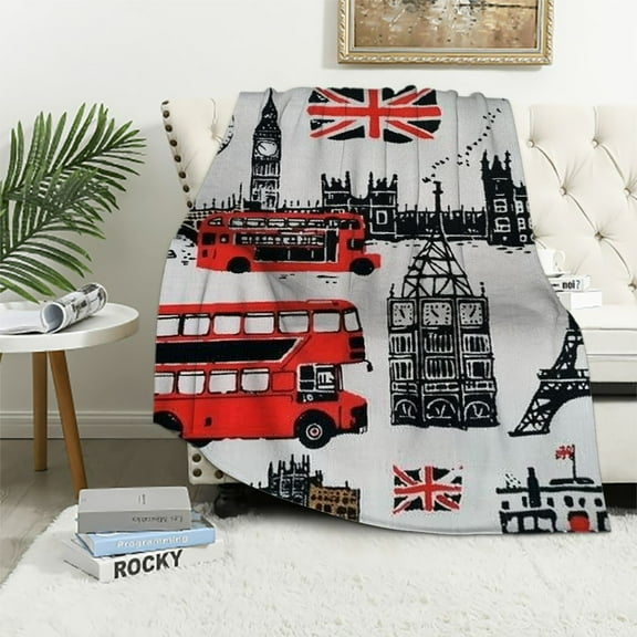 PRATYUS British Fuzzy Blanket Throw Urban Flannel Throw Blanket for Sofa Couch Decor Red Bus All Season Bed Blanket Utra Soft England Flag Blanket Retro Telephone Booth 60x80in