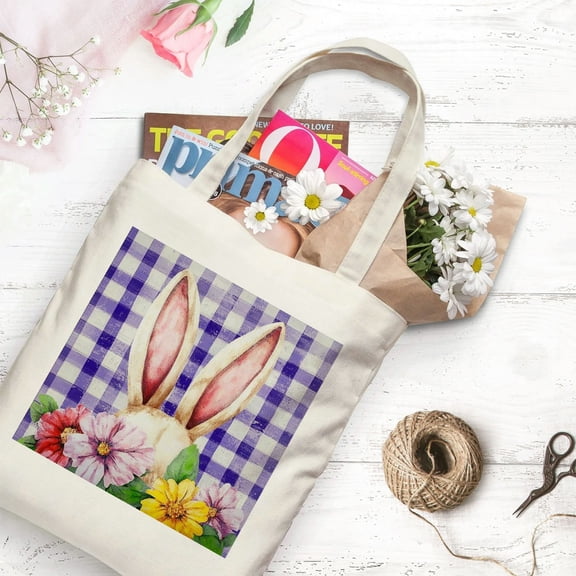 PRATYUS Bunny Ears Flowers Checkered Pattern Canvas Shopper Bag White
