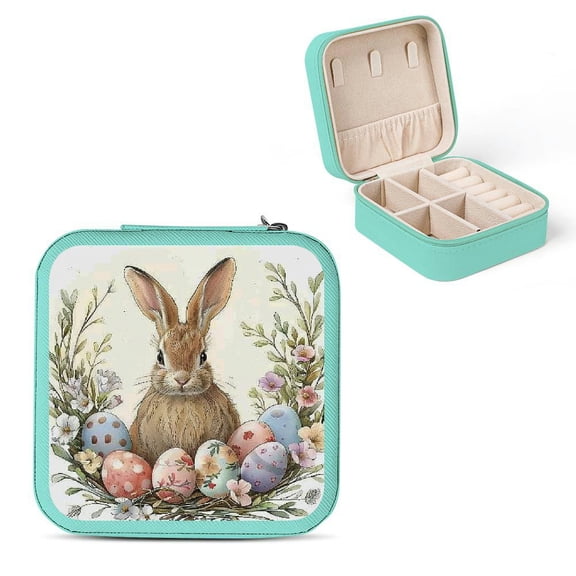 PRATYUS Bunny Eggs Wreath PU Leather Jewelry Box for Necklaces Rings Earrings Green