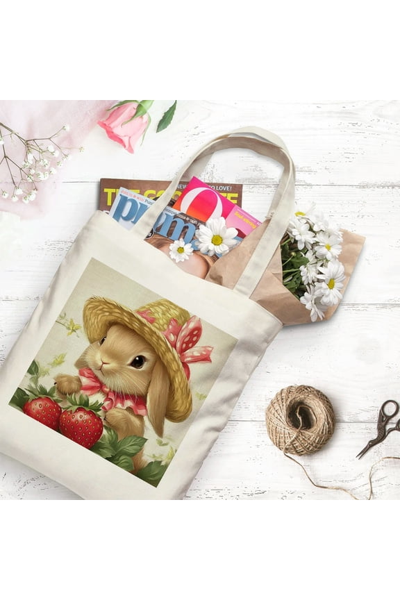 Bunny Straw Hat Strawberry Print Canvas Tote Bag White