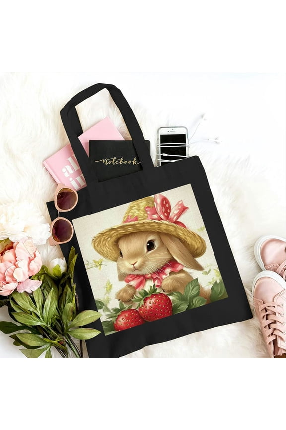 Bunny Straw Hat Strawberry Tote Bag for Home Use Black