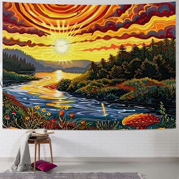 PRATYUS  Burning Sky Tapestry Aesthetic Sun Mountain Tapestry Dream Forest Tree Tapestry Natural Landscape Tapestry Wall Hanging for Room 40x30inch