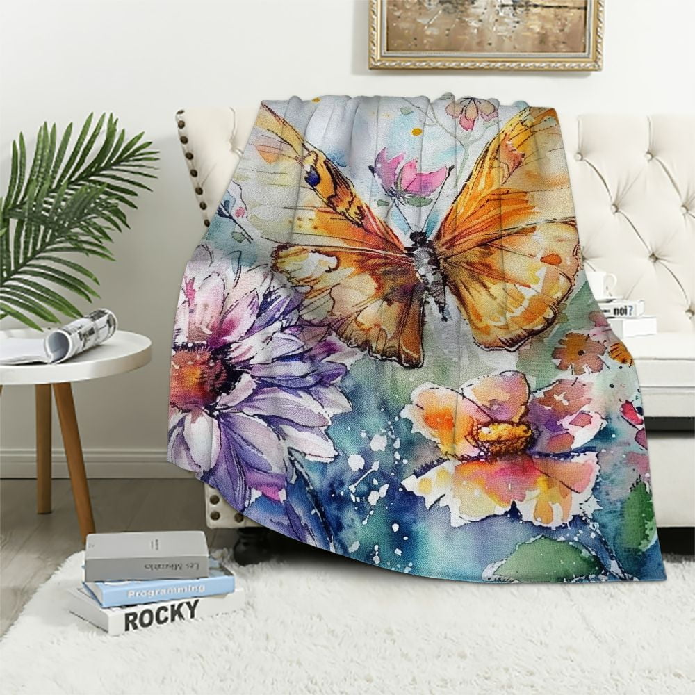 Pratyus Butterfly Floral Throw Blanket Gifts For Girls, Watercolor 