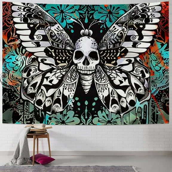 PRATYUS Butterfly Mandala Goth Tapestry Skull Trippy Hippie Tapestry Cool Moth Tapestry Witch Tapestry for Bedroom Aesthetic Horizontal Vintage Tapestries Painting