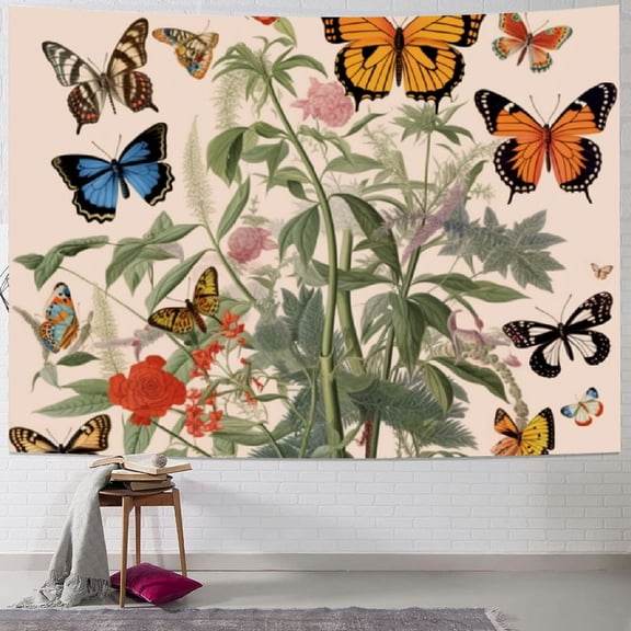 PRATYUS  Butterfly Tapestry Vertical Vintage Floral Tapestries for Bedroom Aesthetic Flower Plant Tapestrys Wall Hanging Retro Beige Cute Colorful Art Wall Tapestry for  Room Dorm  40x30inch